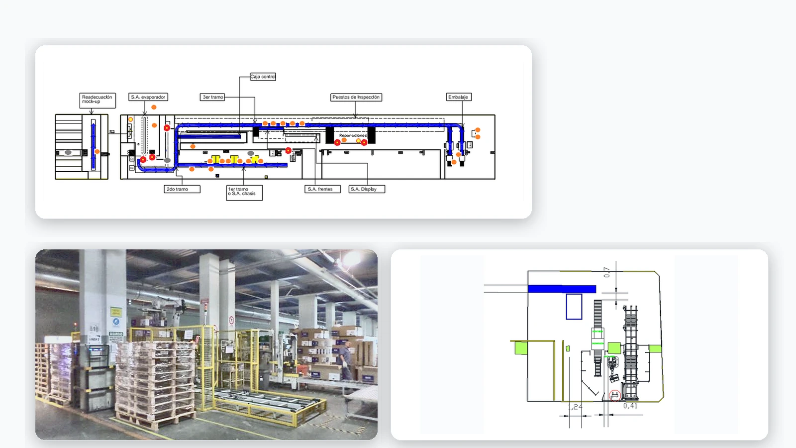 Cell layout plan and factory photos showing the robotic cell in the production floor