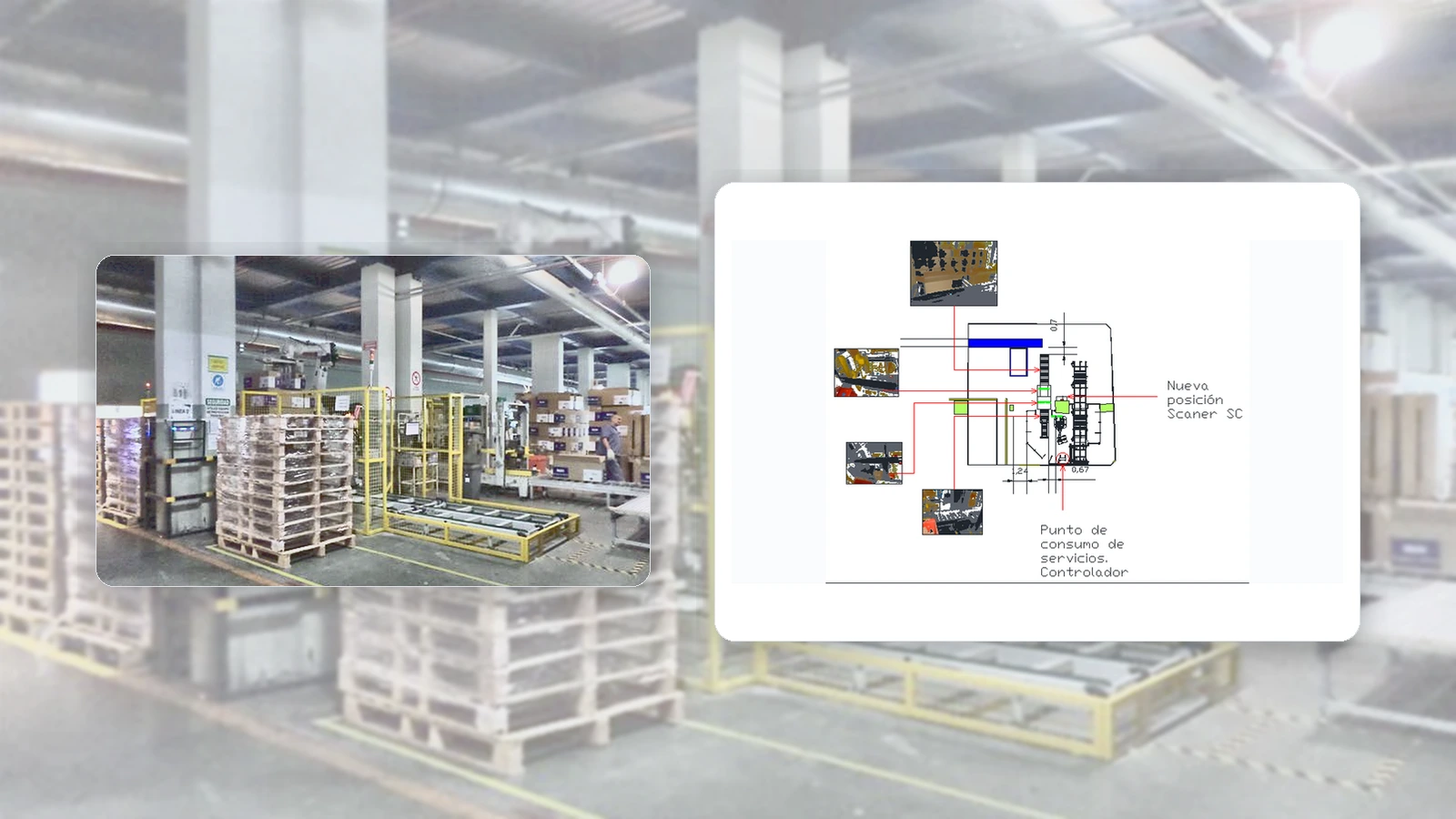 Production floor with annotated technical layout card showing cell positioning